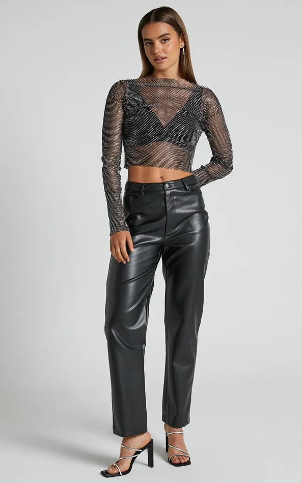 Showpo Skylae Top 8211 Diamante Mesh Long Sleeve Crop Top In Black Women Tops