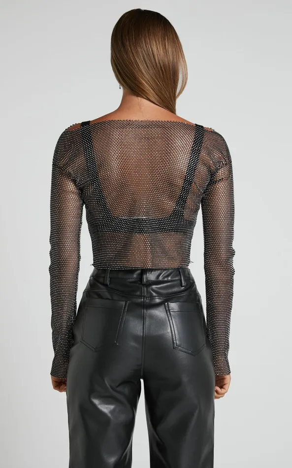 Showpo Skylae Top 8211 Diamante Mesh Long Sleeve Crop Top In Black Women Tops