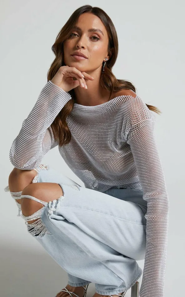 Showpo Skylae Top 8211 Diamante Mesh Long Sleeve Crop Top In White Women Tops