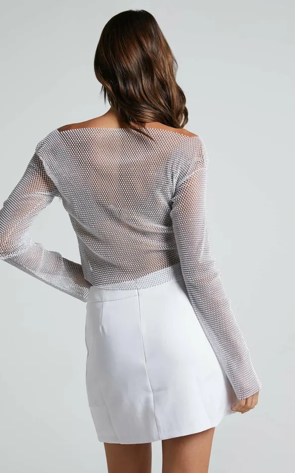 Showpo Skylae Top 8211 Diamante Mesh Long Sleeve Crop Top In White Women Tops