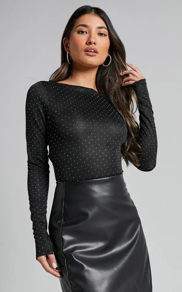 Showpo Skyler Top 8211 Long Sleeve Cowl Back In Black And Silver Women Tops
