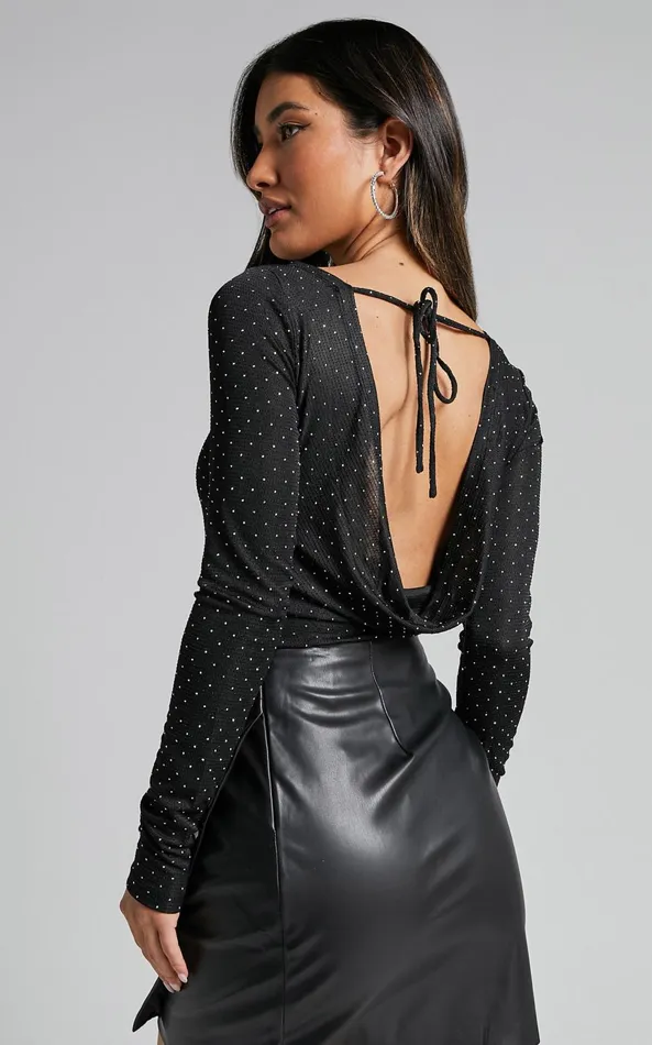 Showpo Skyler Top 8211 Long Sleeve Cowl Back In Black And Silver Women Tops