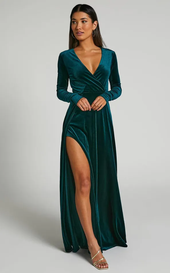 Showpo Sloane Maxi Dress 8211 Long Sleeve Wrap Dress In Emerald Women Curve Clothes