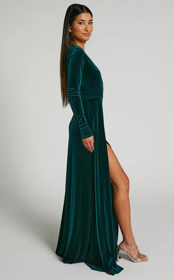 Showpo Sloane Maxi Dress 8211 Long Sleeve Wrap Dress In Emerald Women Curve Clothes