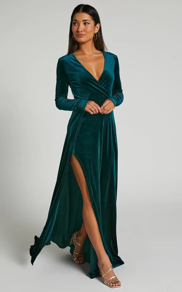 Showpo Sloane Maxi Dress 8211 Long Sleeve Wrap Dress In Emerald Women Curve Clothes