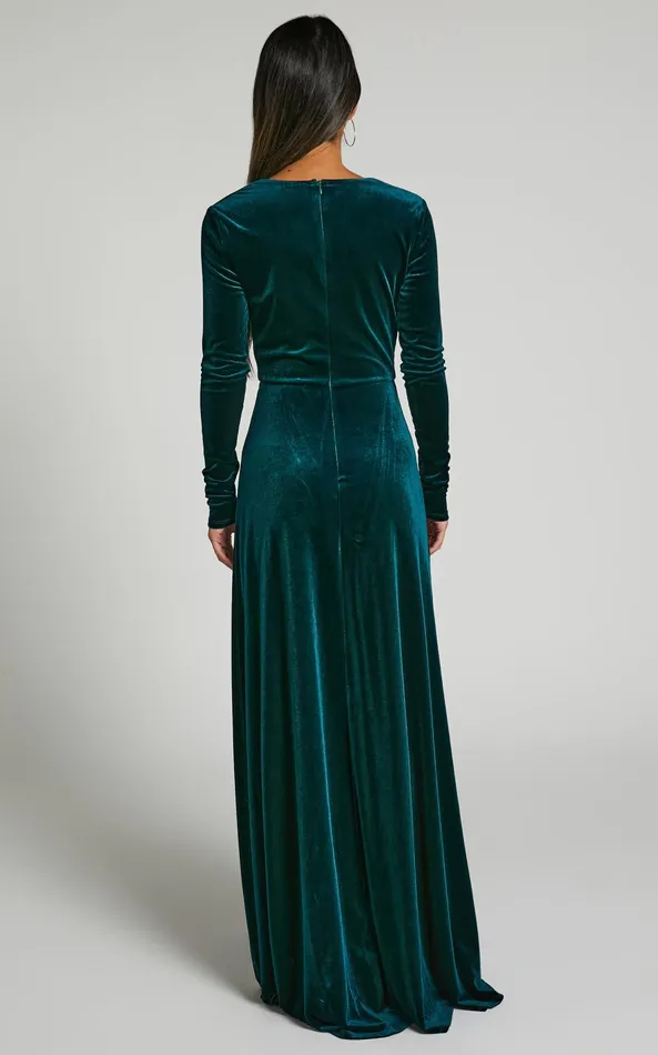 Showpo Sloane Maxi Dress 8211 Long Sleeve Wrap Dress In Emerald Women Curve Clothes
