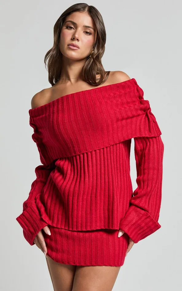 Showpo SNDYS THE LABEL 8211 BROOKS OFF SHOULDER JUMPER In Cherry Women Knitwear Showpo SNDYS THE LABEL 8211 BROOKS OFF SHOULDER JUMPER In Cherry Women Knitwear
