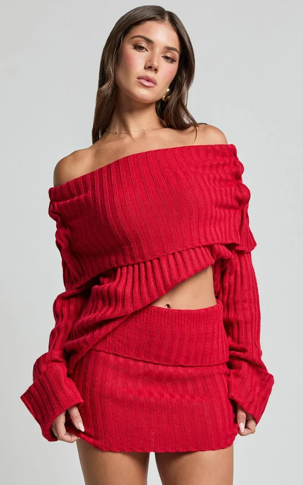 Showpo SNDYS THE LABEL 8211 BROOKS OFF SHOULDER JUMPER In Cherry Women Knitwear