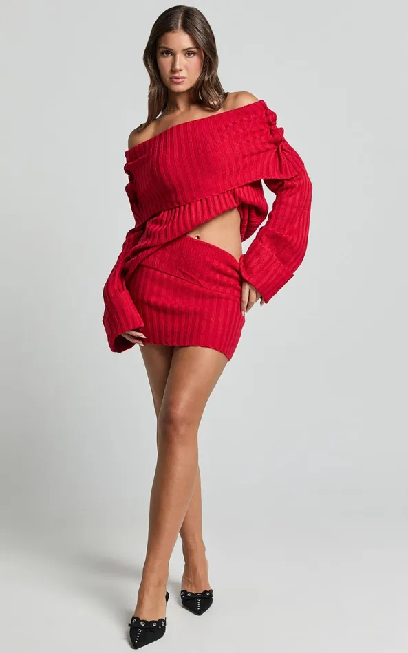 Showpo SNDYS THE LABEL 8211 BROOKS OFF SHOULDER JUMPER In Cherry Women Knitwear