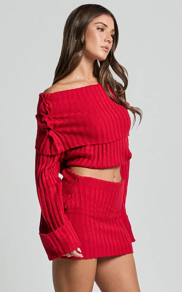 Showpo SNDYS THE LABEL 8211 BROOKS OFF SHOULDER JUMPER In Cherry Women Knitwear