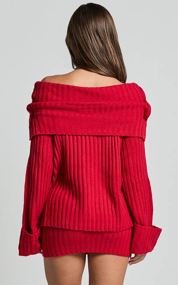 Showpo SNDYS THE LABEL 8211 BROOKS OFF SHOULDER JUMPER In Cherry Women Knitwear