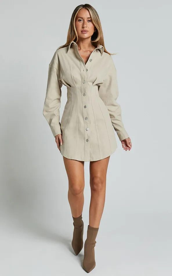 Showpo Sofia Mini Dress 8211 Button Through Long Sleeve Dress In Stone Women Dresses