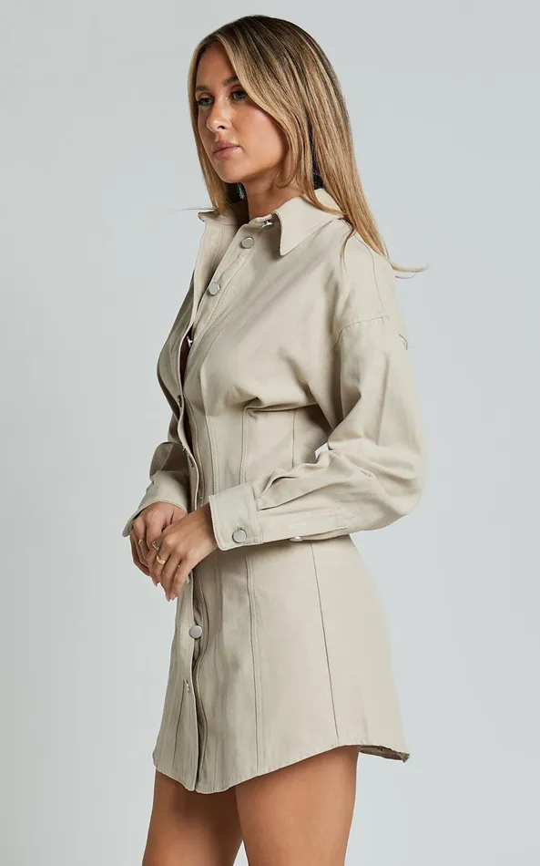 Showpo Sofia Mini Dress 8211 Button Through Long Sleeve Dress In Stone Women Dresses