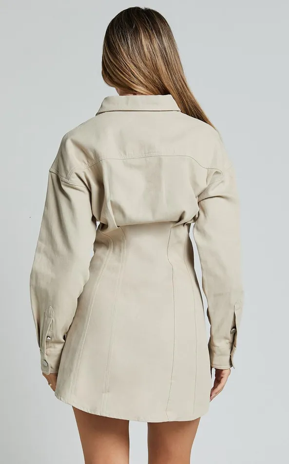 Showpo Sofia Mini Dress 8211 Button Through Long Sleeve Dress In Stone Women Dresses