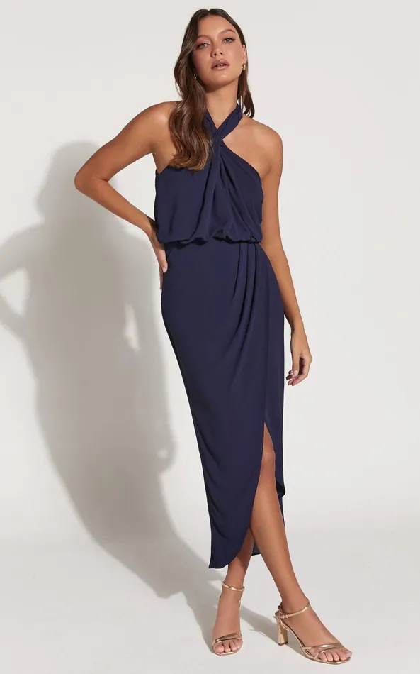 Showpo Sofiah Midi Dress 8211 Twist Halterneck Split Dress In Navy Women Dresses Showpo Sofiah Midi Dress 8211 Twist Halterneck Split Dress In Navy Women Dresses