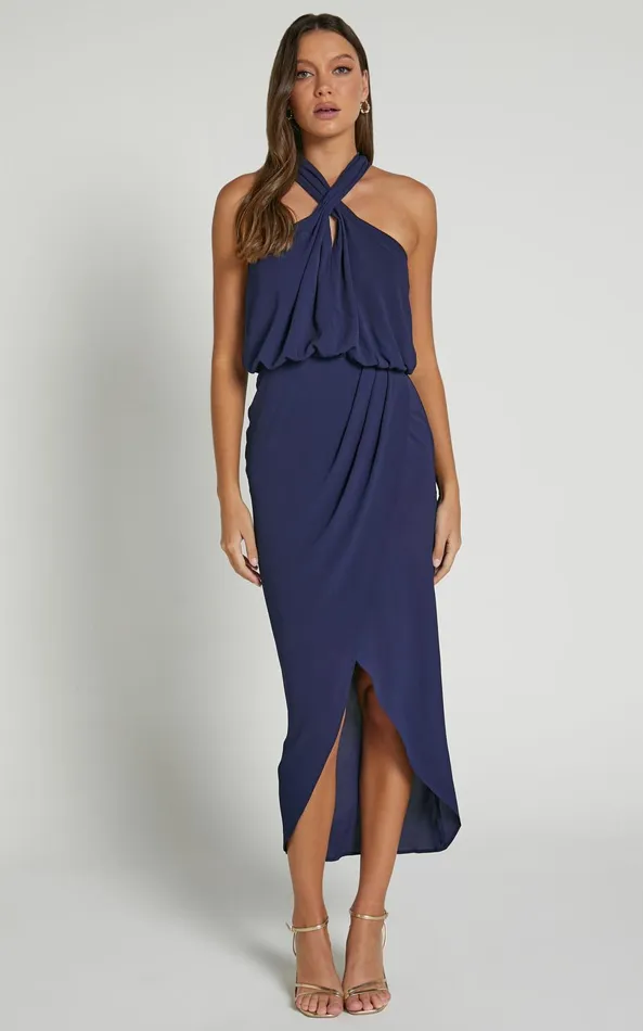 Showpo Sofiah Midi Dress 8211 Twist Halterneck Split Dress In Navy Women Dresses