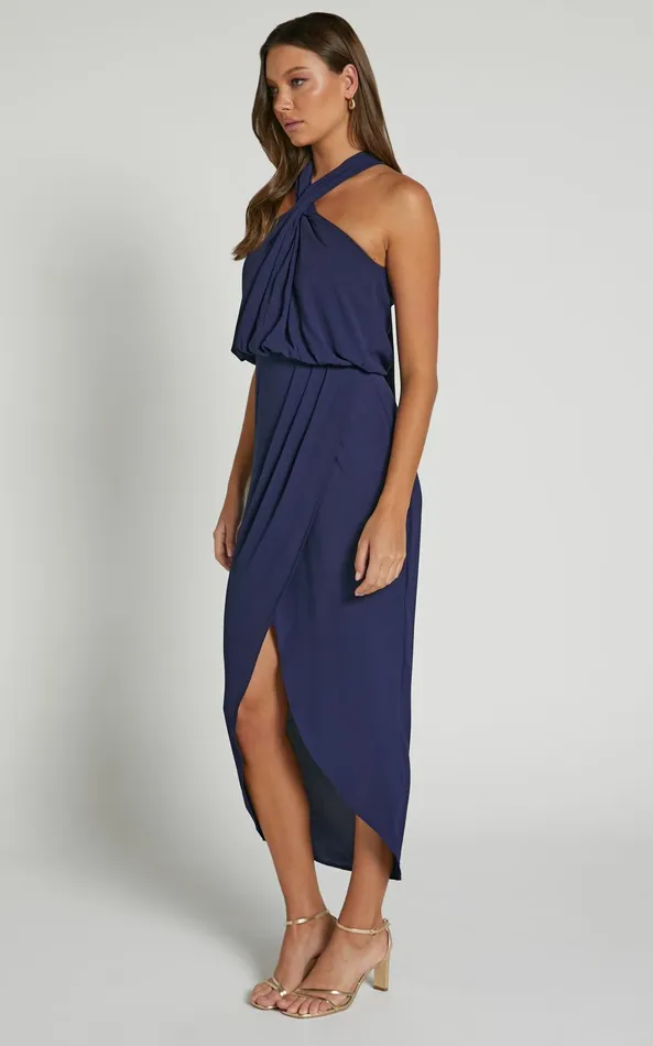 Showpo Sofiah Midi Dress 8211 Twist Halterneck Split Dress In Navy Women Dresses