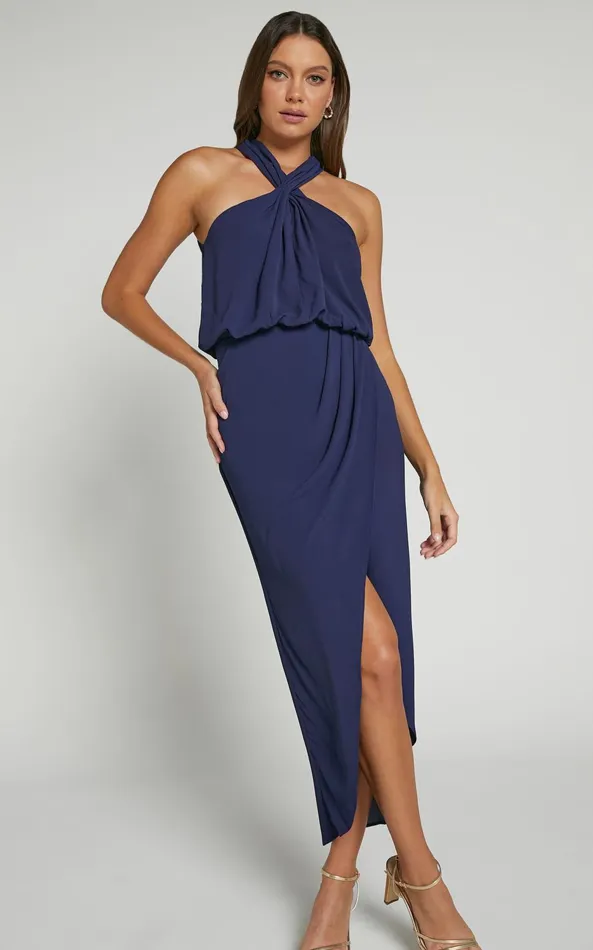 Showpo Sofiah Midi Dress 8211 Twist Halterneck Split Dress In Navy Women Dresses