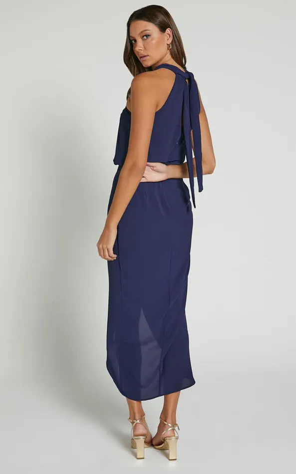 Showpo Sofiah Midi Dress 8211 Twist Halterneck Split Dress In Navy Women Dresses
