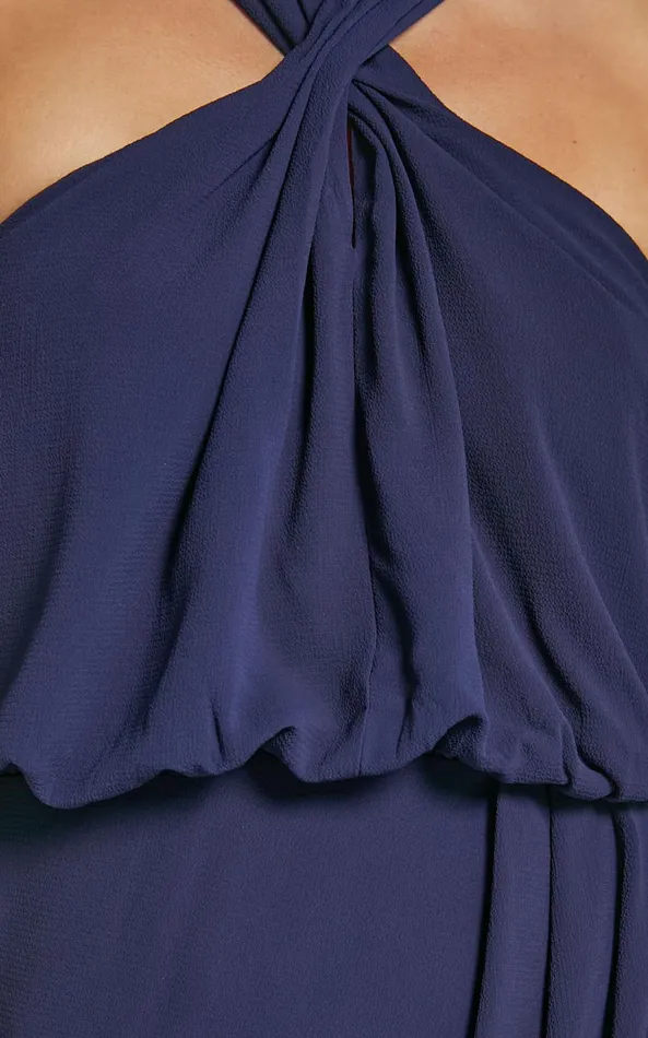 Showpo Sofiah Midi Dress 8211 Twist Halterneck Split Dress In Navy Women Dresses