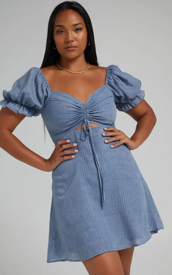Showpo Soft Mention Mini Dress 8211 Puff Sleeve Dress In Navy Women Dresses