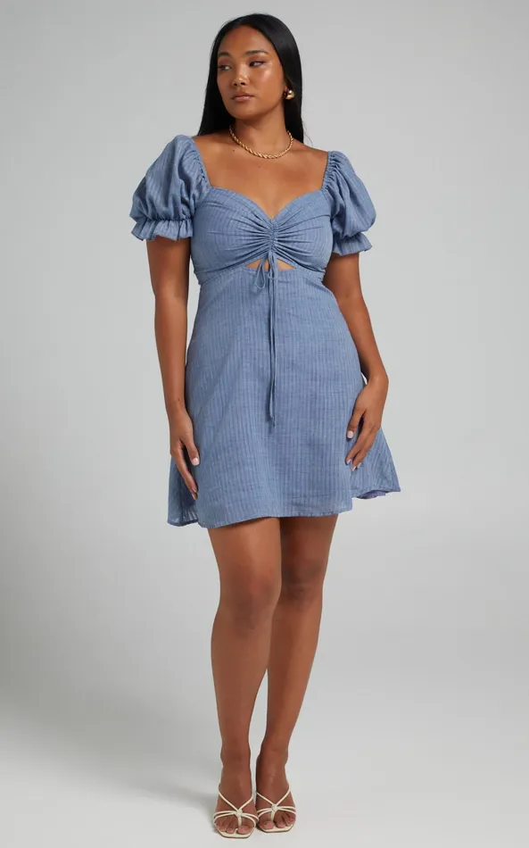 Showpo Soft Mention Mini Dress 8211 Puff Sleeve Dress In Navy Women Dresses