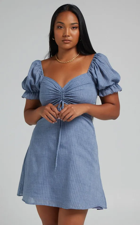 Showpo Soft Mention Mini Dress 8211 Puff Sleeve Dress In Navy Women Dresses