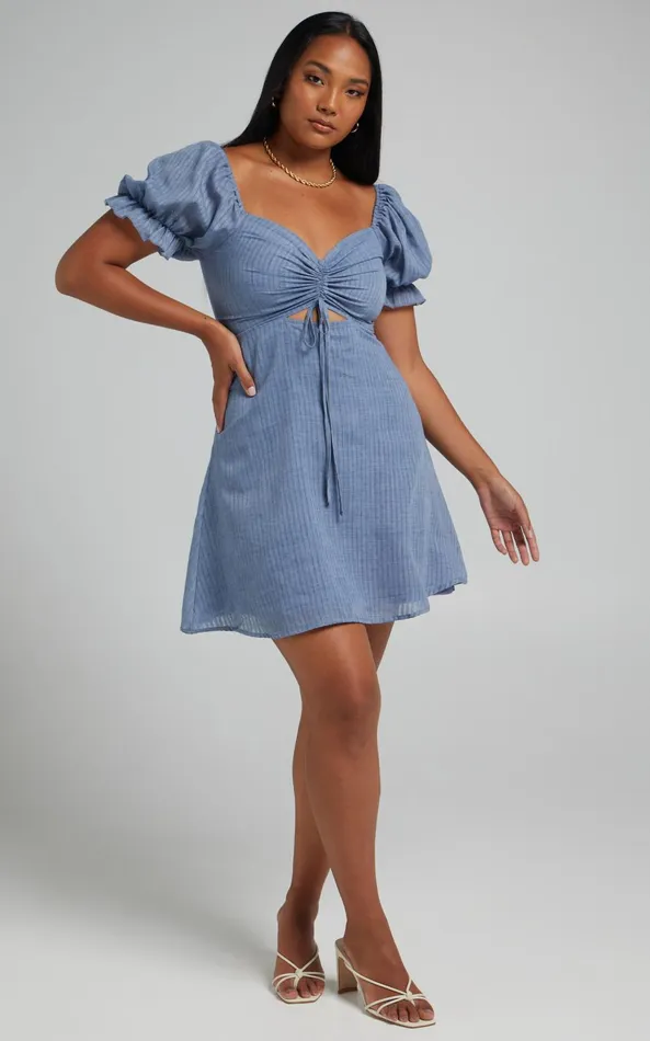 Showpo Soft Mention Mini Dress 8211 Puff Sleeve Dress In Navy Women Dresses