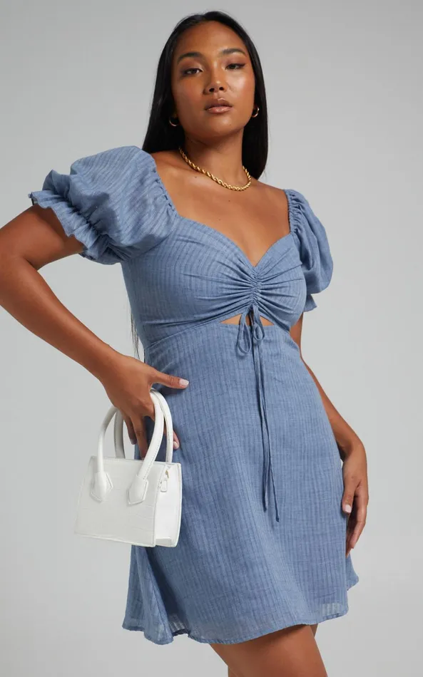 Showpo Soft Mention Mini Dress 8211 Puff Sleeve Dress In Navy Women Dresses