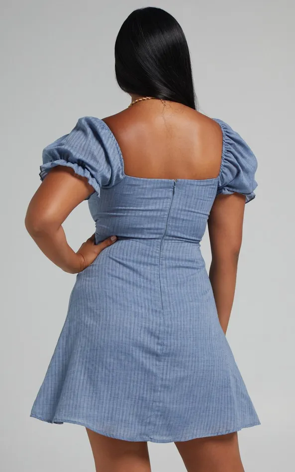 Showpo Soft Mention Mini Dress 8211 Puff Sleeve Dress In Navy Women Dresses