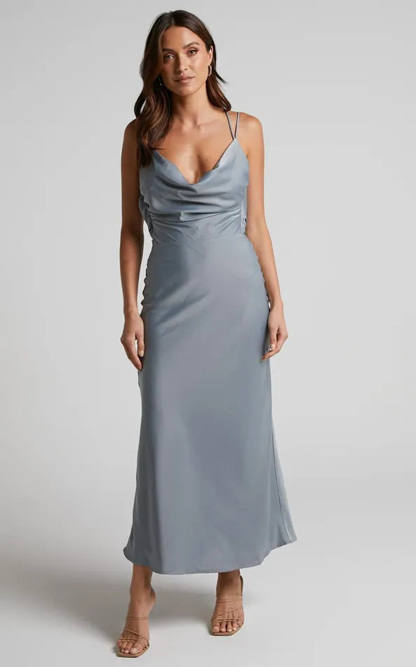 Showpo Soft Petal Midi Dress 8211 Cowl Crossover Back Dress In Pewter Women Dresses