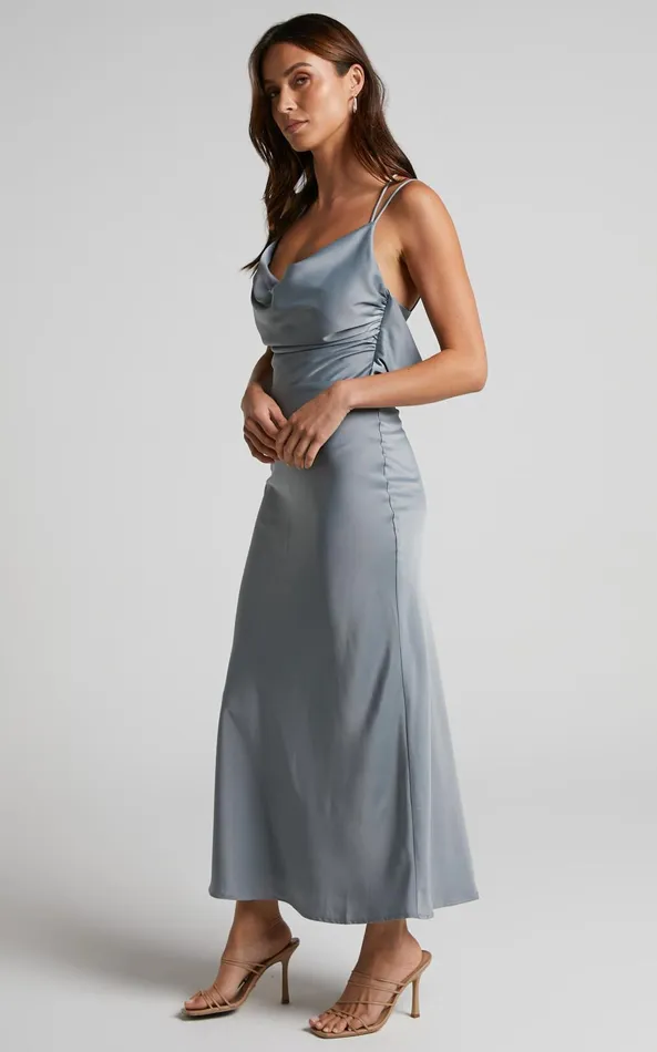 Showpo Soft Petal Midi Dress 8211 Cowl Crossover Back Dress In Pewter Women Dresses