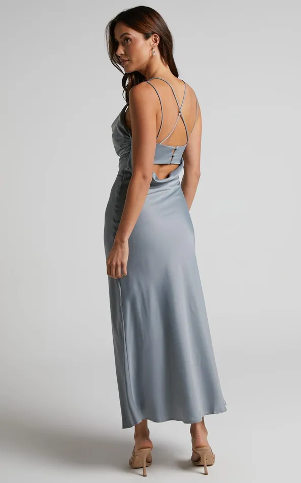Showpo Soft Petal Midi Dress 8211 Cowl Crossover Back Dress In Pewter Women Dresses