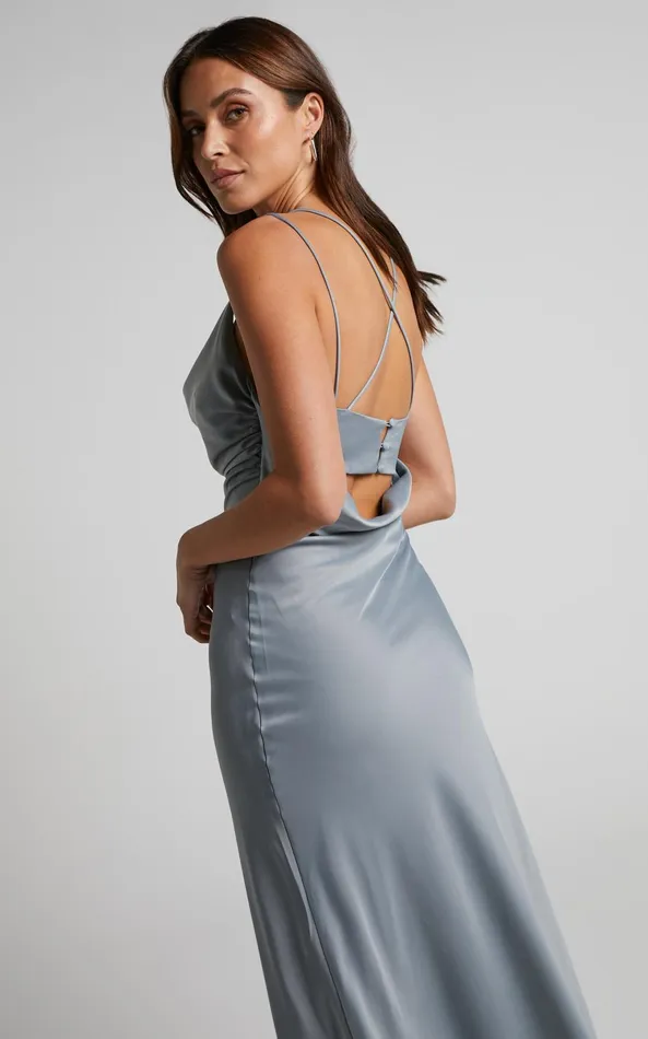 Showpo Soft Petal Midi Dress 8211 Cowl Crossover Back Dress In Pewter Women Dresses