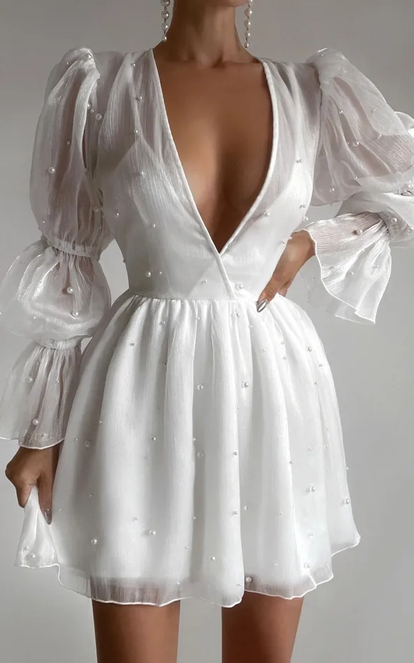 Showpo Solanna Mini Dress 8211 Long Puff Sleeve V Neck Dress In White Women Curve Clothes Showpo Solanna Mini Dress 8211 Long Puff Sleeve V Neck Dress In White Women Curve Clothes