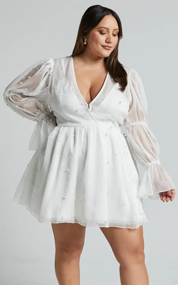 Showpo Solanna Mini Dress 8211 Long Puff Sleeve V Neck Dress In White Women Curve Clothes
