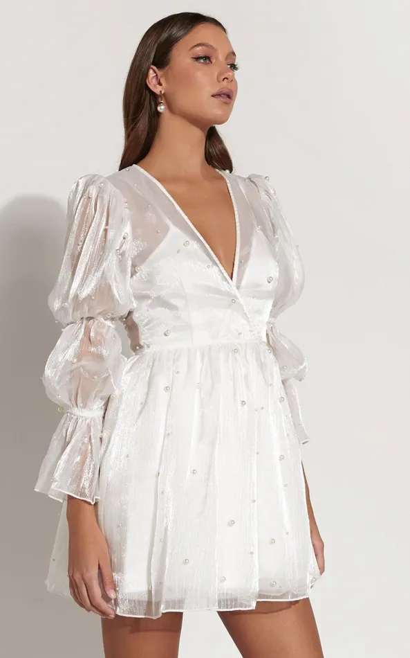 Showpo Solanna Mini Dress 8211 Long Puff Sleeve V Neck Dress In White Women Curve Clothes