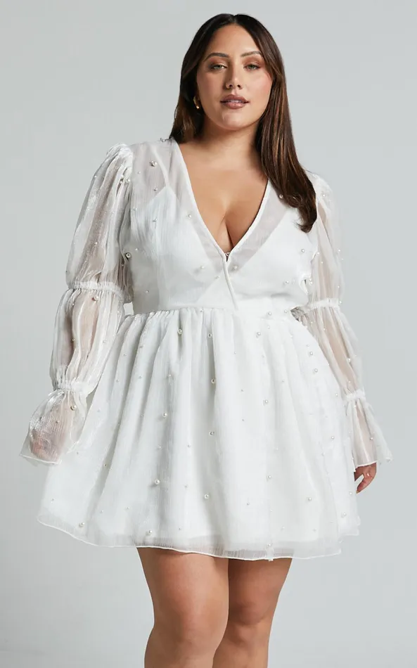 Showpo Solanna Mini Dress 8211 Long Puff Sleeve V Neck Dress In White Women Curve Clothes