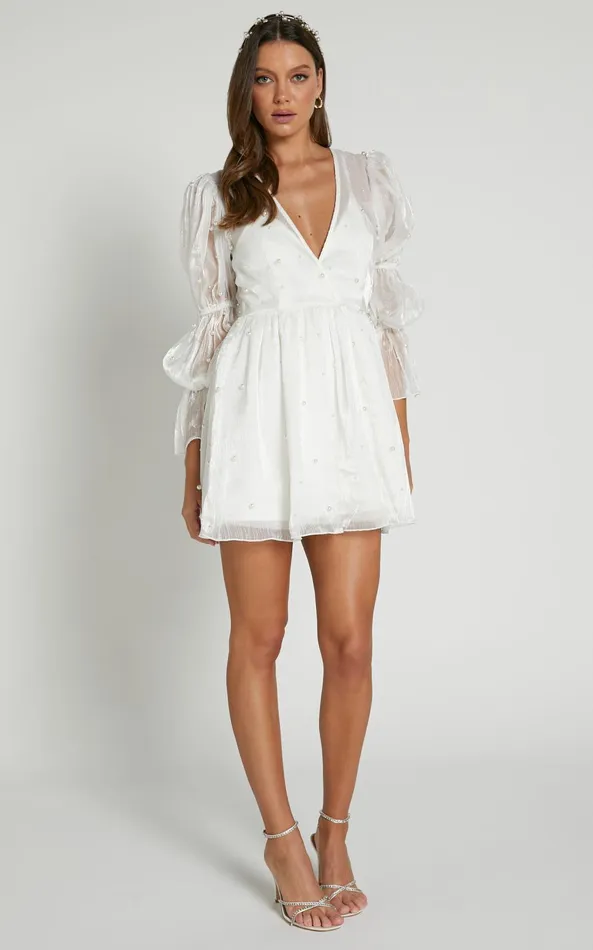 Showpo Solanna Mini Dress 8211 Long Puff Sleeve V Neck Dress In White Women Curve Clothes