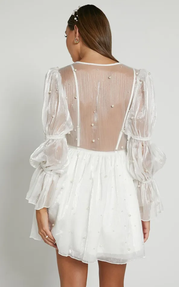 Showpo Solanna Mini Dress 8211 Long Puff Sleeve V Neck Dress In White Women Curve Clothes