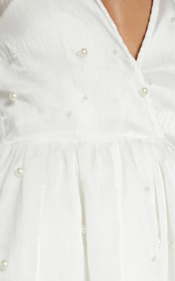 Showpo Solanna Mini Dress 8211 Long Puff Sleeve V Neck Dress In White Women Curve Clothes