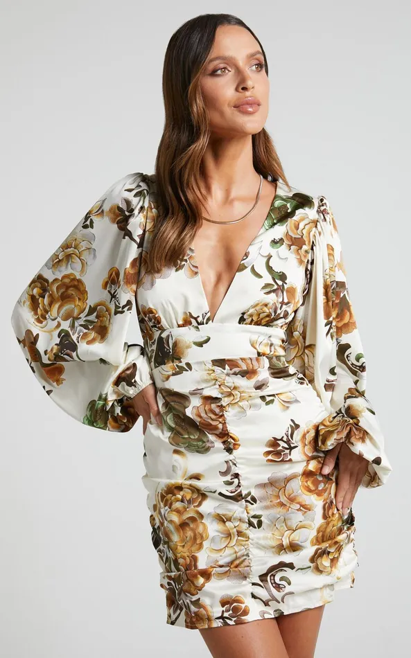 Showpo Soleil Mini Dress 8211 Long Sleeve Plunge Ruched Dress In Cream Women Dresses Showpo Soleil Mini Dress 8211 Long Sleeve Plunge Ruched Dress In Cream Women Dresses
