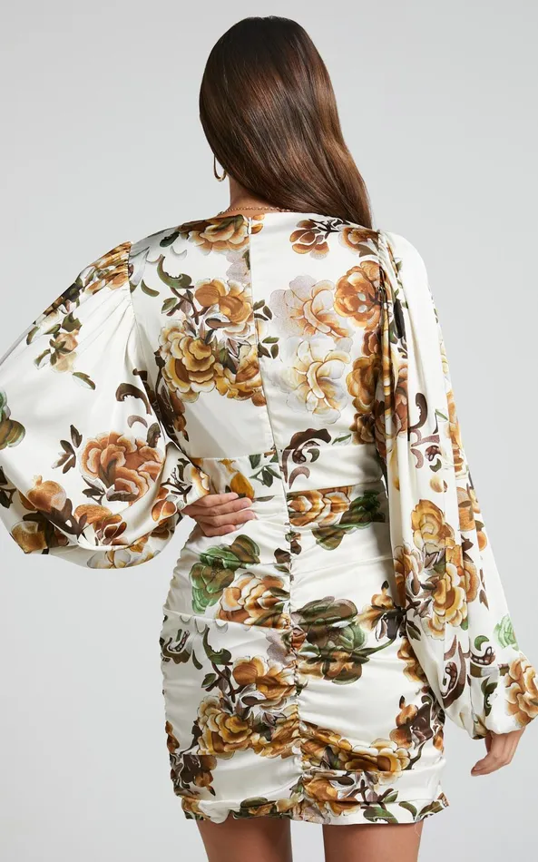 Showpo Soleil Mini Dress 8211 Long Sleeve Plunge Ruched Dress In Cream Women Dresses
