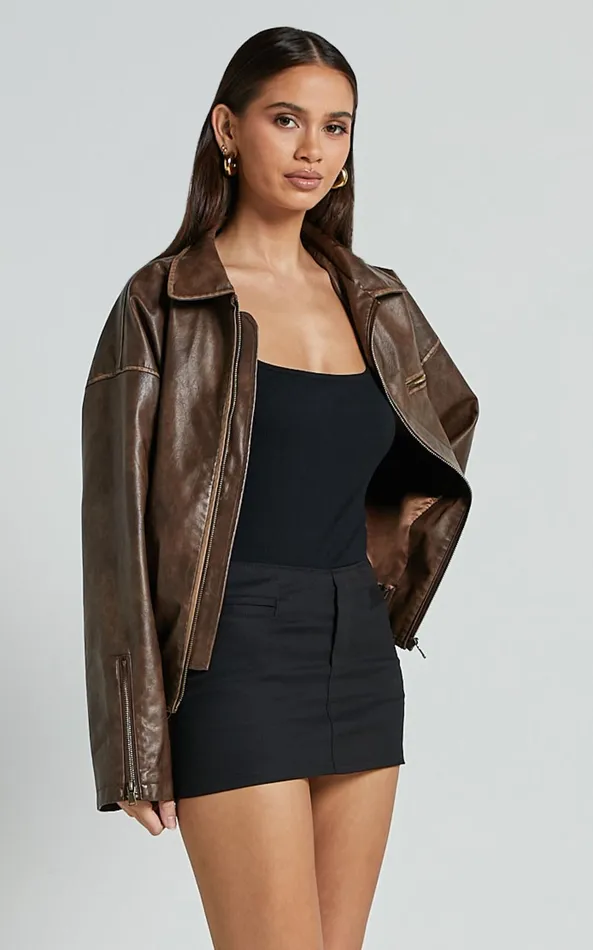 Showpo Sophia Jacket 8211 Crop PU Bomber Jacket In Brown Women Jackets and Coats