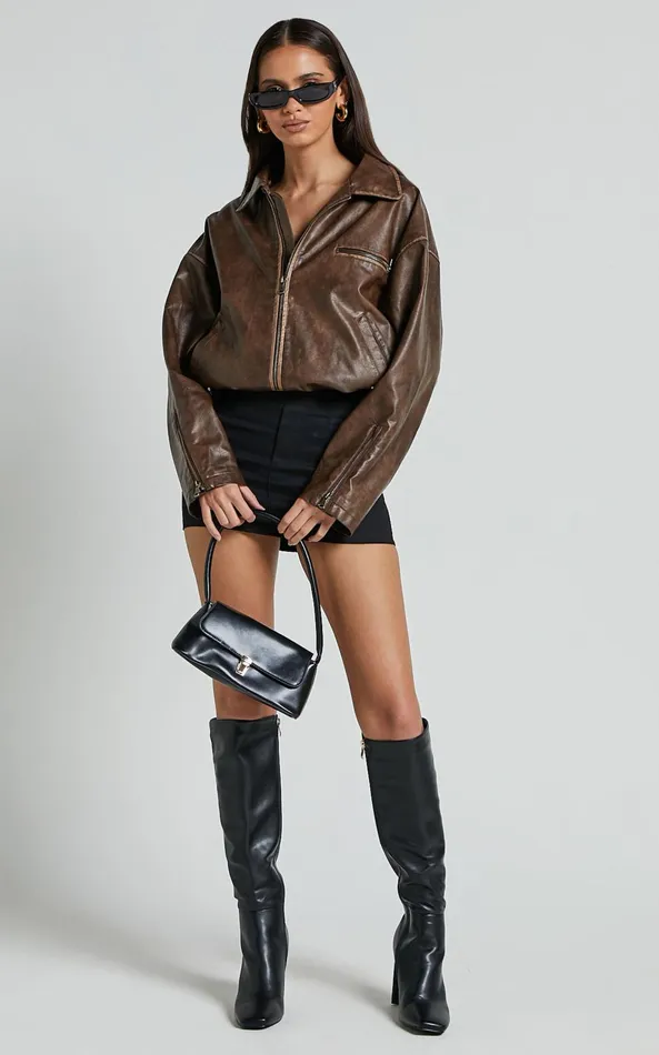 Showpo Sophia Jacket 8211 Crop PU Bomber Jacket In Brown Women Jackets and Coats