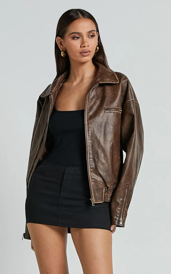 Showpo Sophia Jacket 8211 Crop PU Bomber Jacket In Brown Women Jackets and Coats