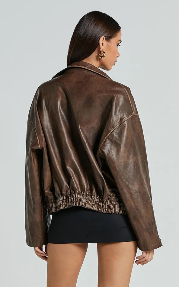 Showpo Sophia Jacket 8211 Crop PU Bomber Jacket In Brown Women Jackets and Coats