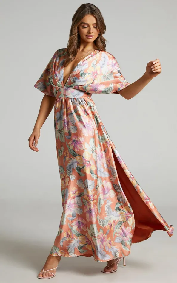 Showpo Sophia Midi Dress 8211 Plunge Neck Bat Wing Sleeve Dress In Multi Floral Women Dresses