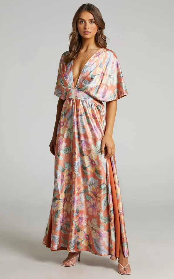 Showpo Sophia Midi Dress 8211 Plunge Neck Bat Wing Sleeve Dress In Multi Floral Women Dresses