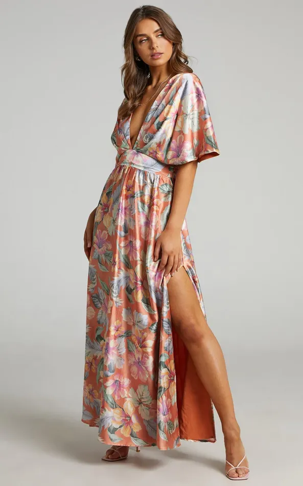 Showpo Sophia Midi Dress 8211 Plunge Neck Bat Wing Sleeve Dress In Multi Floral Women Dresses